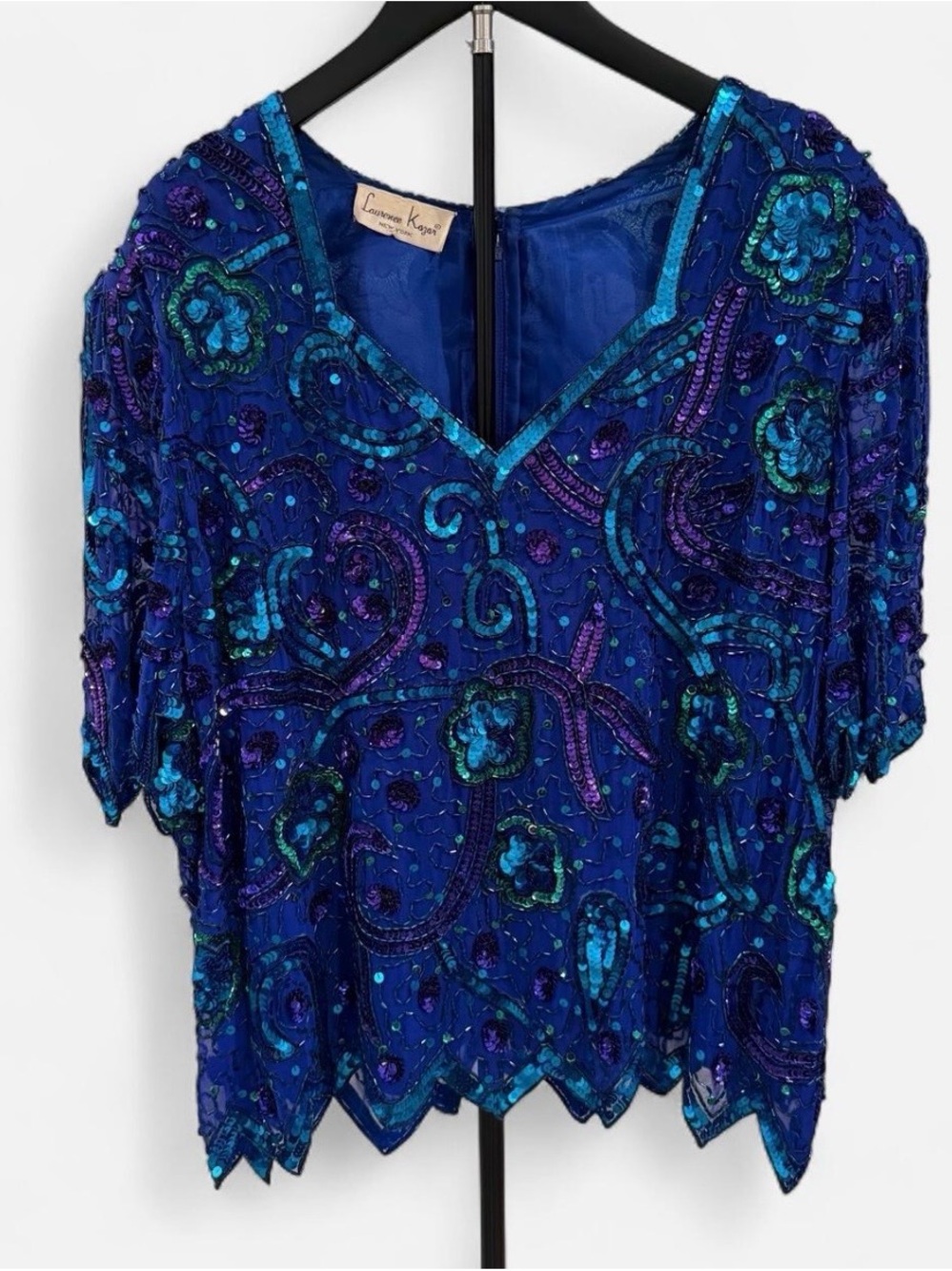 Vintage Laurence Kazar Sequin Beaded Trophy Blouse XL 1X Shoulder Pads